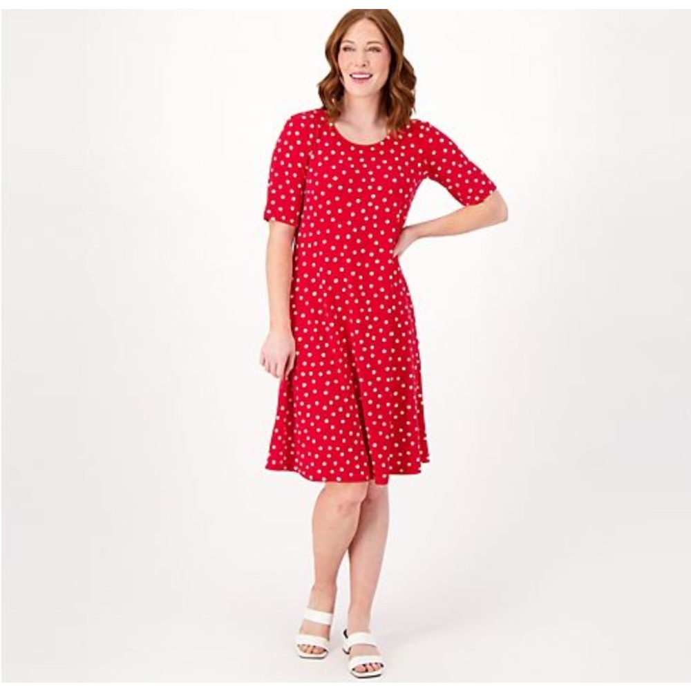 Susan Graver Printed Liquid Knit Fit & Flare Dress Large Tall Red Dot Pockets